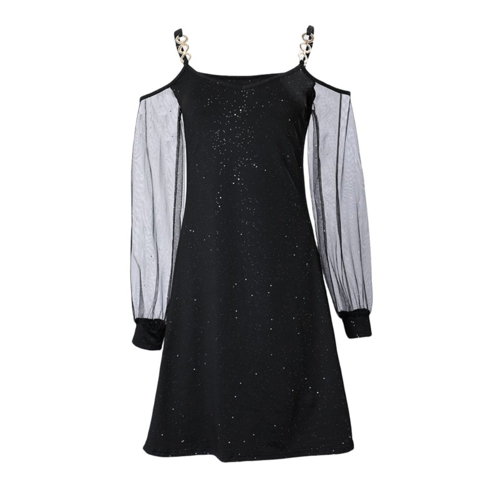 thumbnail image 5 of Vestido de manga larga de malla de color liso para mujer para Navidad: estampado festivo, cuello en V, ropa informal para fiestas, 5 of 5